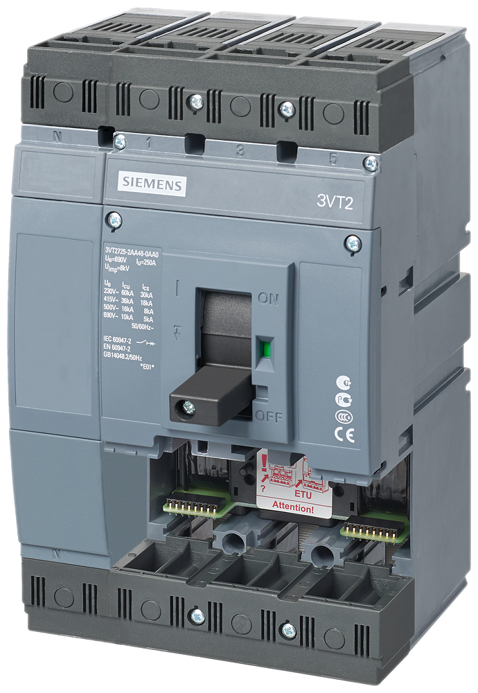 3VT2725-2AA46-0AA0 circuit breaker 3VT2 standard breaking capacity Icu 36kA 415V AC 4p; circuit breaker without ETU N connected w/o auxiliary release w/o auxiliary alarm switch
